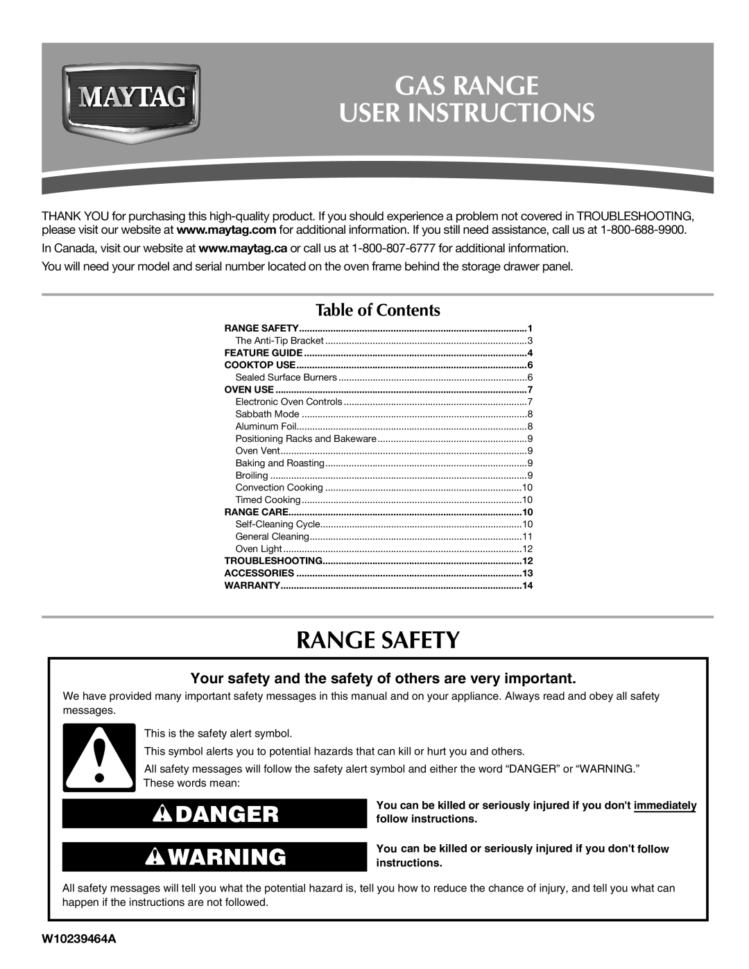 Maytag W10239464A warranty GAS Range User Instructions, Range Safety 