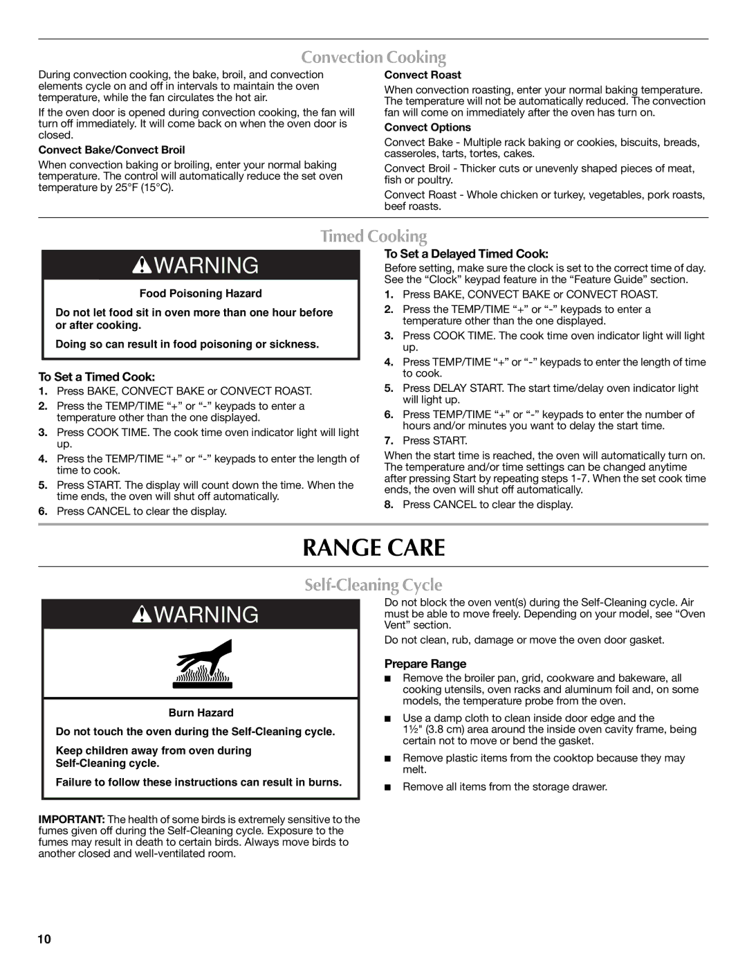 Maytag W10239464A warranty Range Care, Convection Cooking, Timed Cooking, Self-Cleaning Cycle 