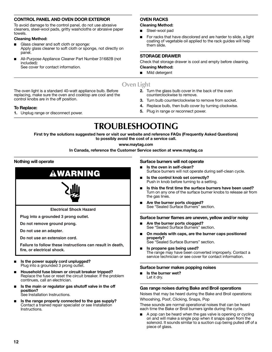 Maytag W10239464A warranty Troubleshooting, Oven Light 