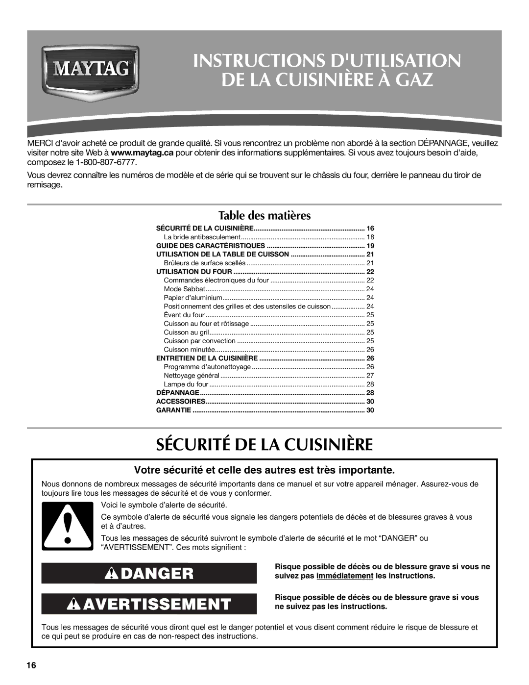 Maytag W10239464A warranty Instructions Dutilisation DE LA Cuisinière À GAZ, Sécurité DE LA Cuisinière 