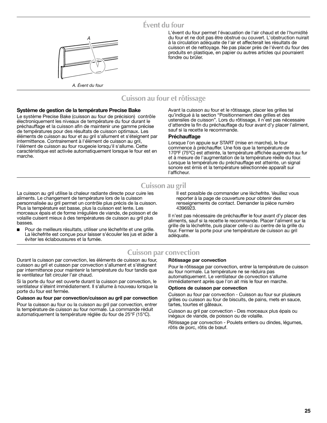 Maytag W10239464A warranty Évent du four, Cuisson au four et rôtissage, Cuisson au gril, Cuisson par convection 