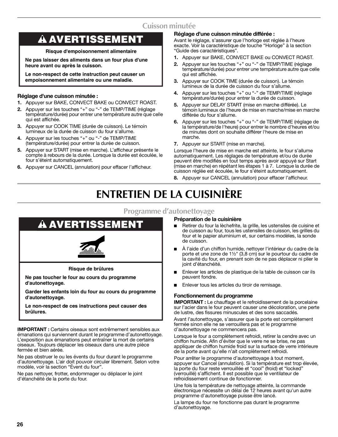 Maytag W10239464A warranty Entretien DE LA Cuisinière, Cuisson minutée, Programme d’autonettoyage 