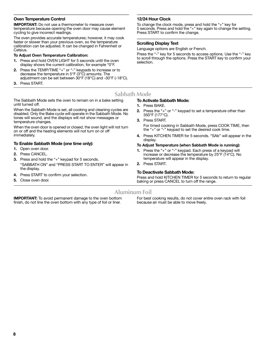 Maytag W10239464A warranty Sabbath Mode, Aluminum Foil 