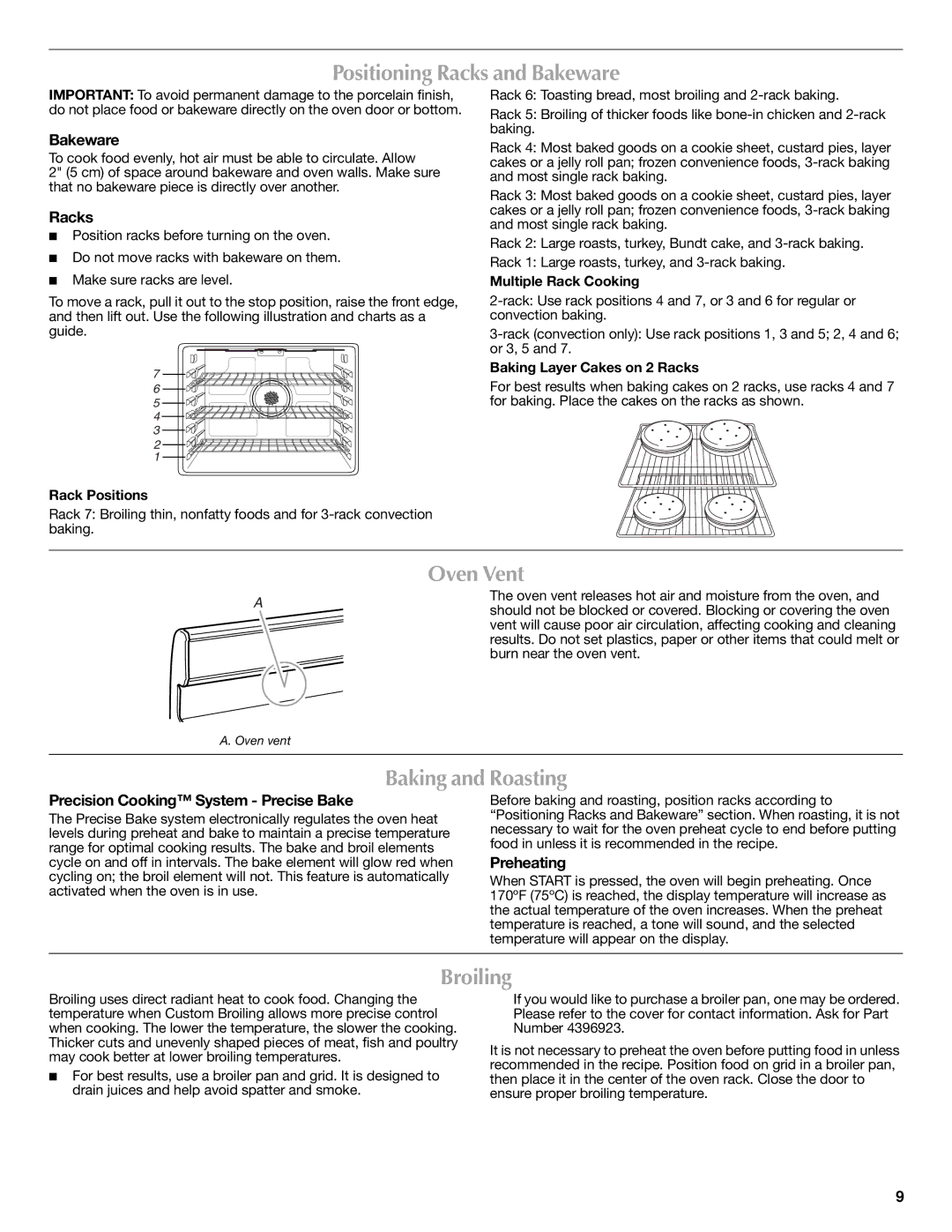 Maytag W10239464A warranty Positioning Racks and Bakeware, Oven Vent, Baking and Roasting, Broiling 