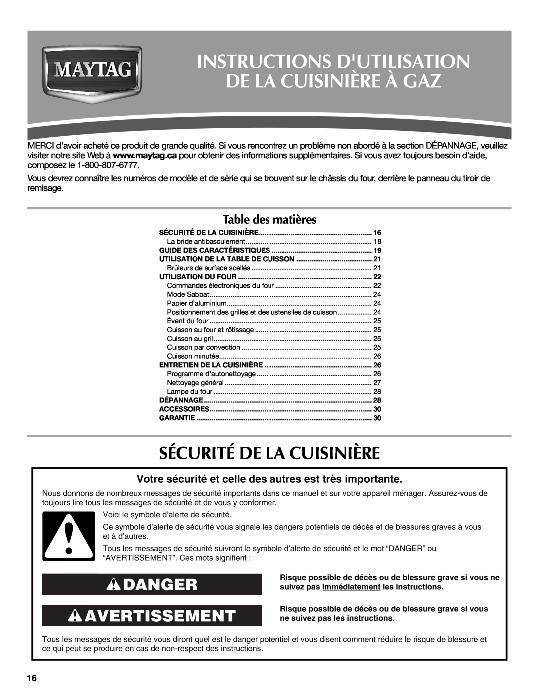 Maytag W10239464A Instructions Dutilisation De La Cuisinière À Gaz, Sécurité De La Cuisinière, Danger Avertissement 
