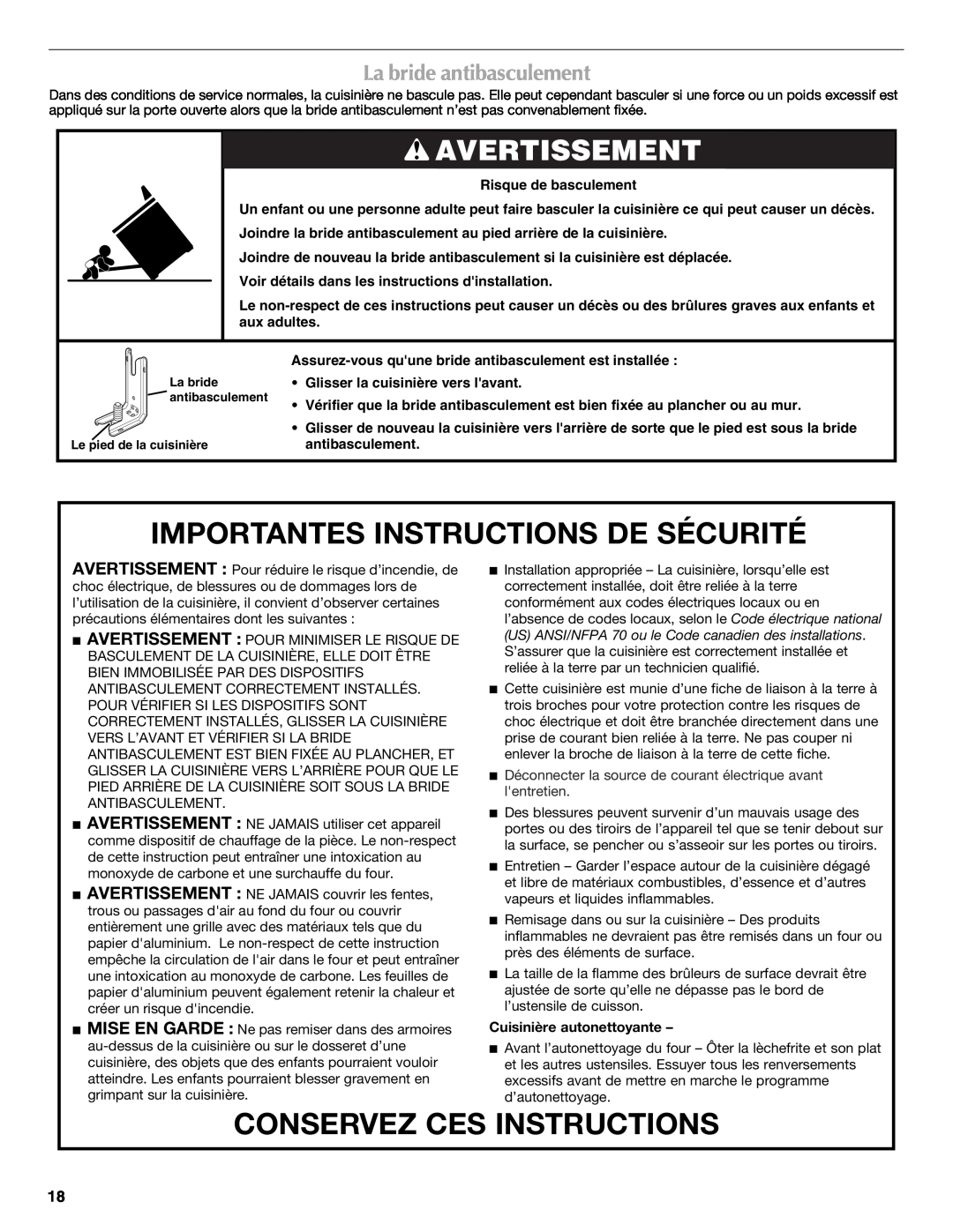 Maytag W10239464A warranty Avertissement, La bride antibasculement, Importantes Instructions De Sécurité 