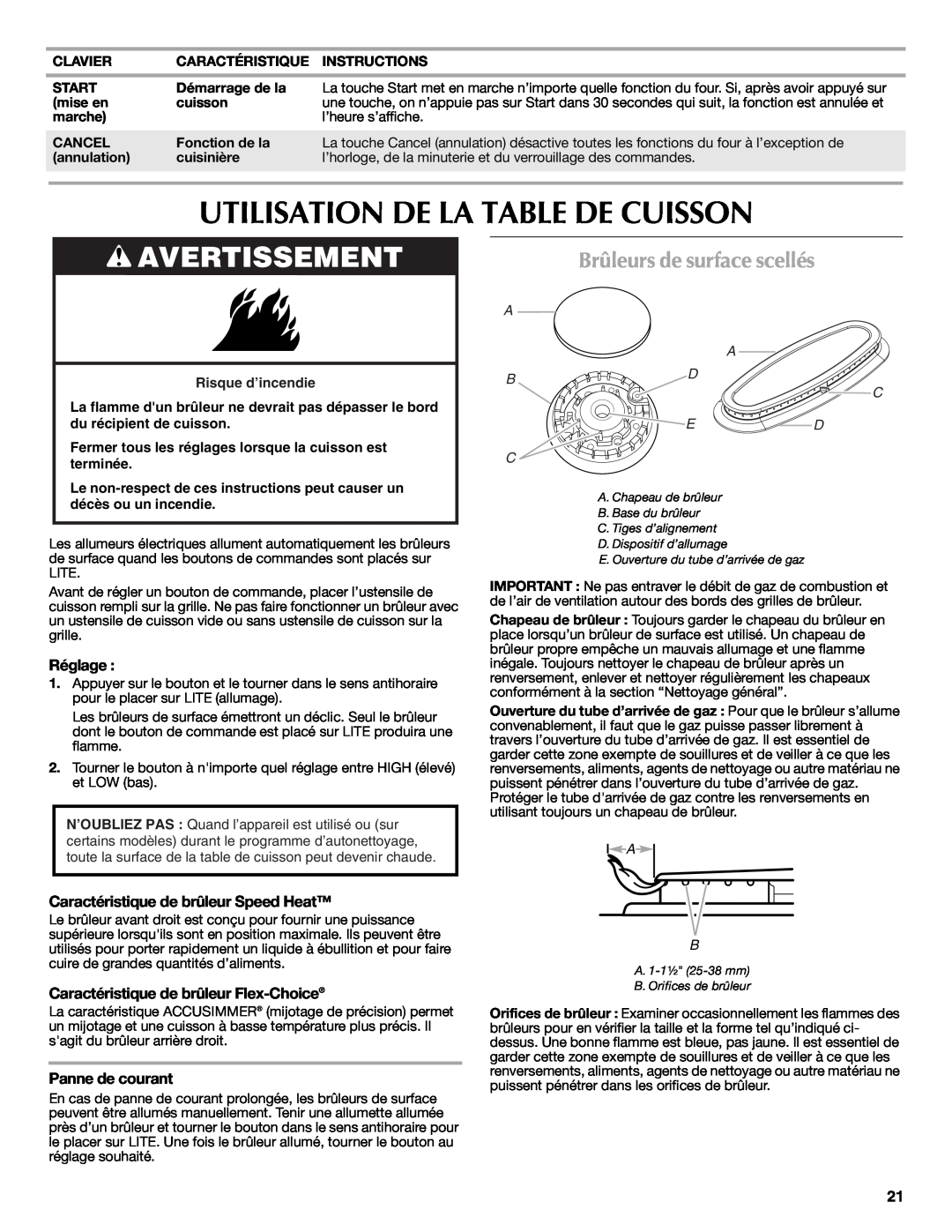 Maytag W10239464A Utilisation De La Table De Cuisson, Brûleurs de surface scellés, Avertissement, Réglage, A A B D C Ed C 