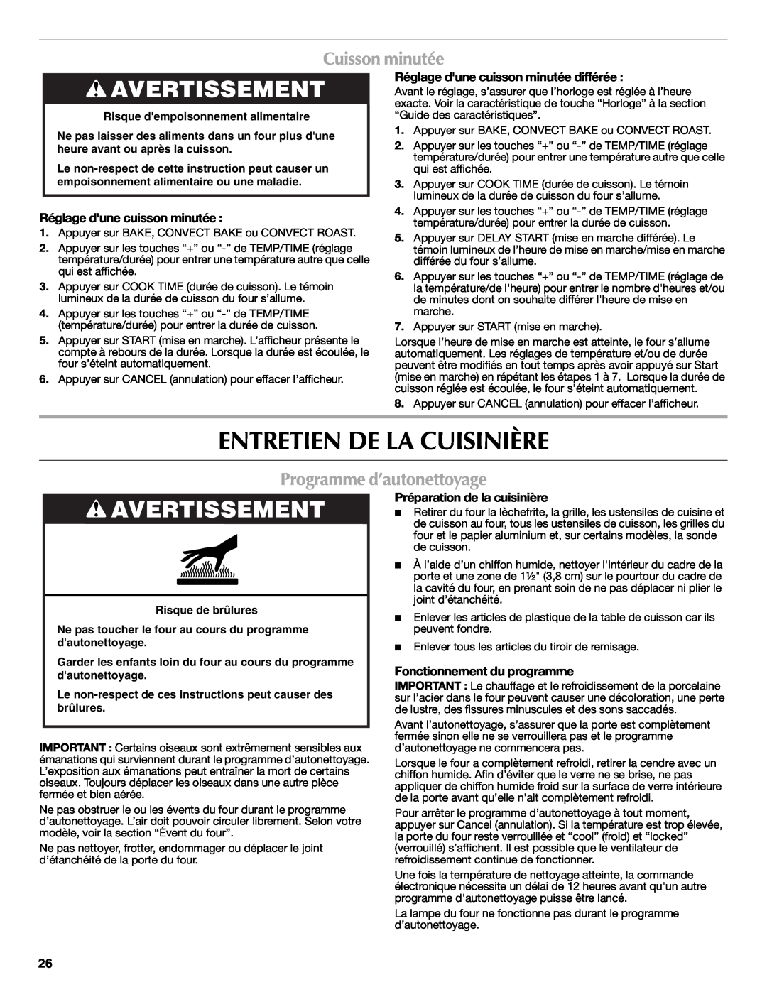 Maytag W10239464A warranty Entretien De La Cuisinière, Cuisson minutée, Programme d’autonettoyage, Avertissement 