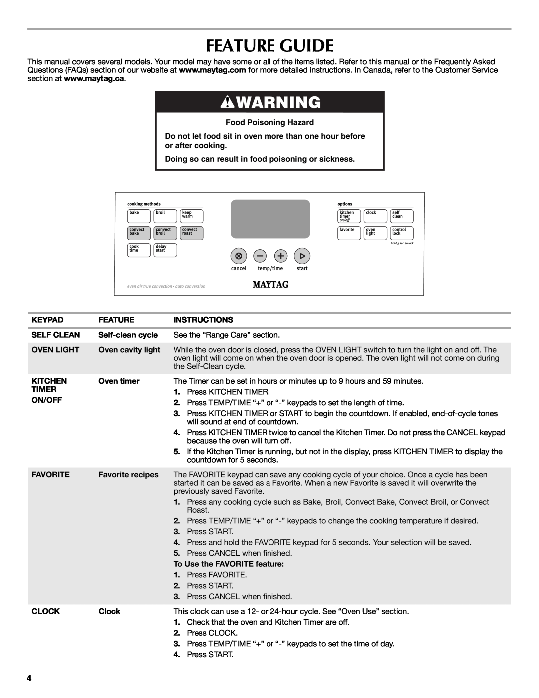 Maytag W10239464A warranty Feature Guide, Food Poisoning Hazard, Doing so can result in food poisoning or sickness 
