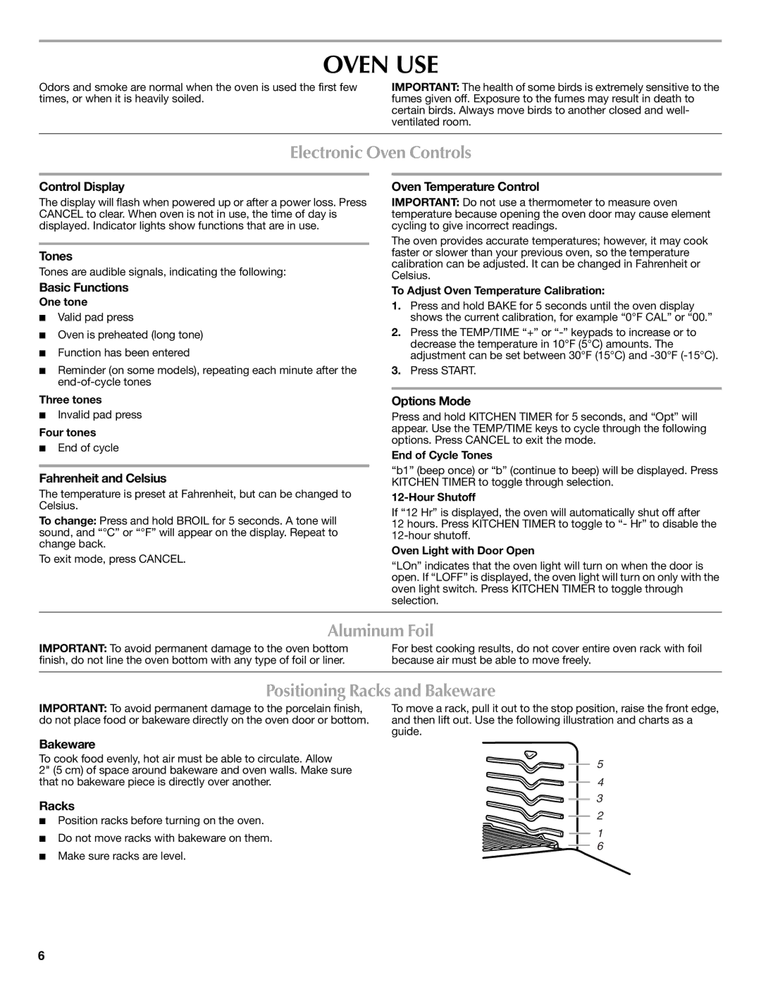 Maytag W10239843A, W10234648A warranty Oven USE, Electronic Oven Controls, Aluminum Foil, Positioning Racks and Bakeware 