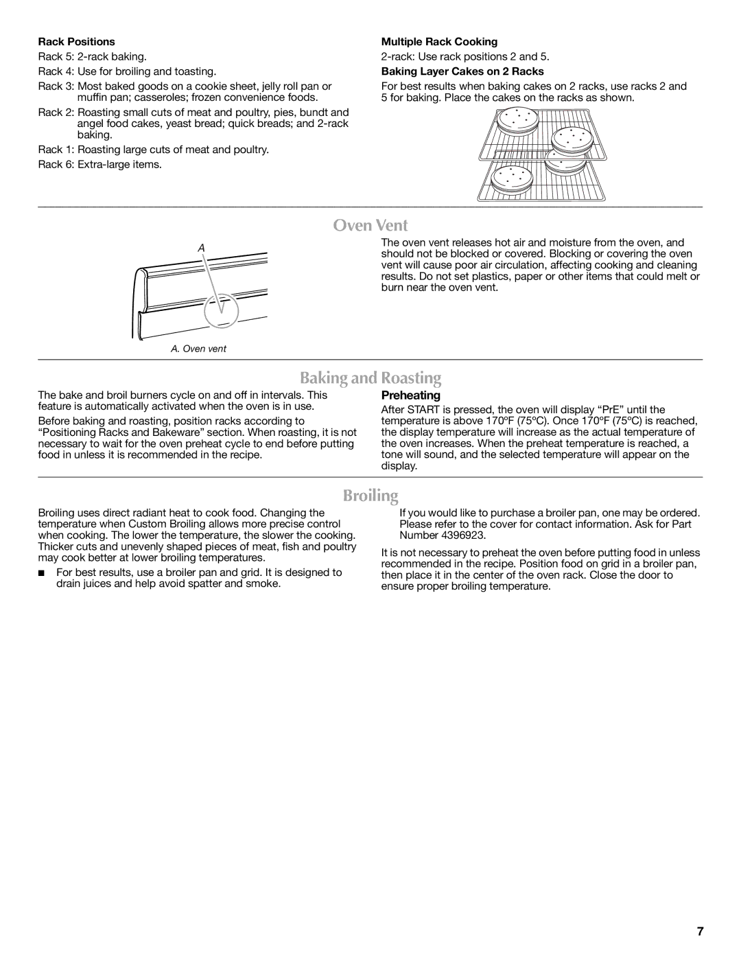 Maytag W10234648A, W10239843A warranty Oven Vent, Baking and Roasting, Broiling, Preheating 