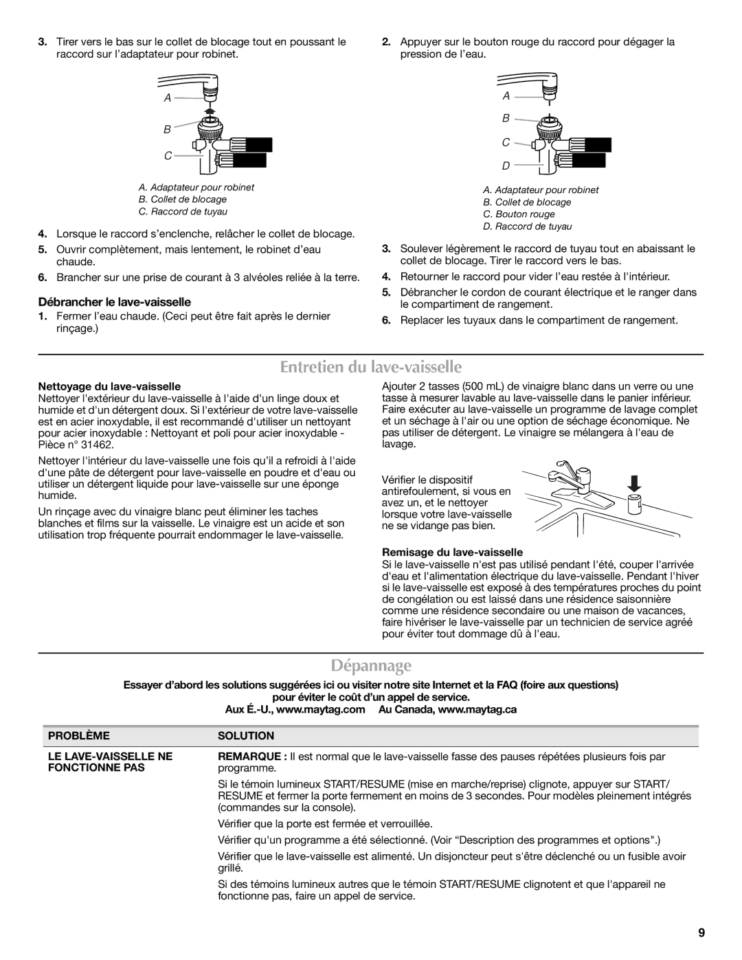 Maytag W10240116A, W10240117A warranty Entretien du lave-vaisselle, Dépannage, Débrancher le lave-vaisselle, Fonctionne PAS 