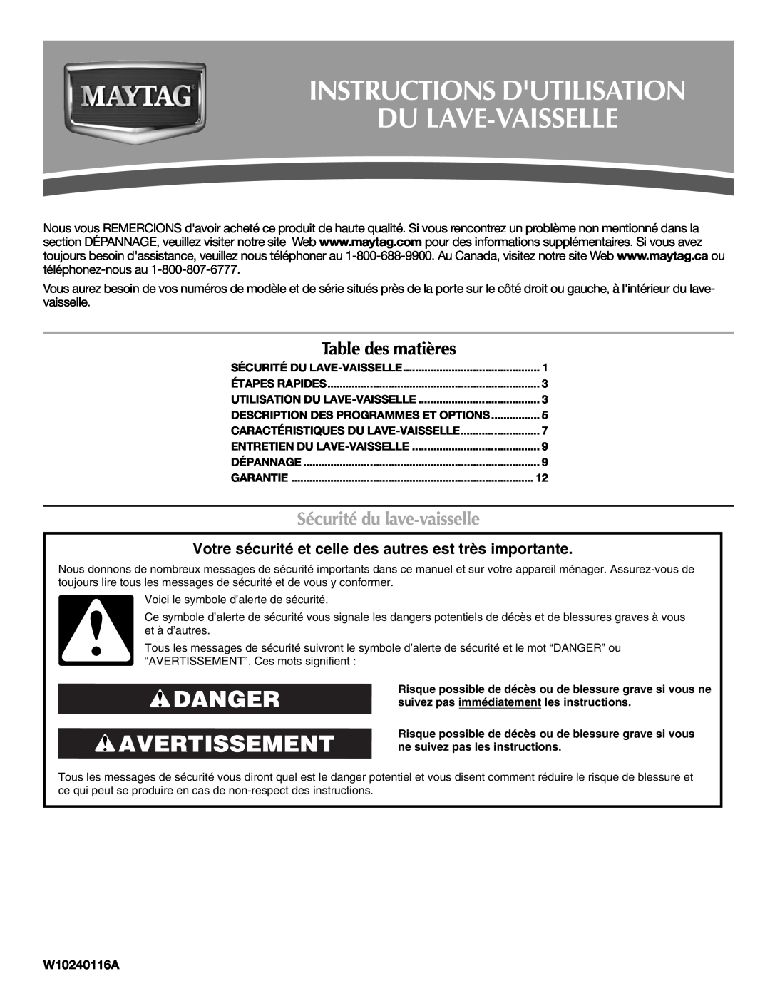 Maytag W10240117A Instructions Dutilisation Du Lave-Vaisselle, Danger Avertissement, Table des matières, W10240116A 