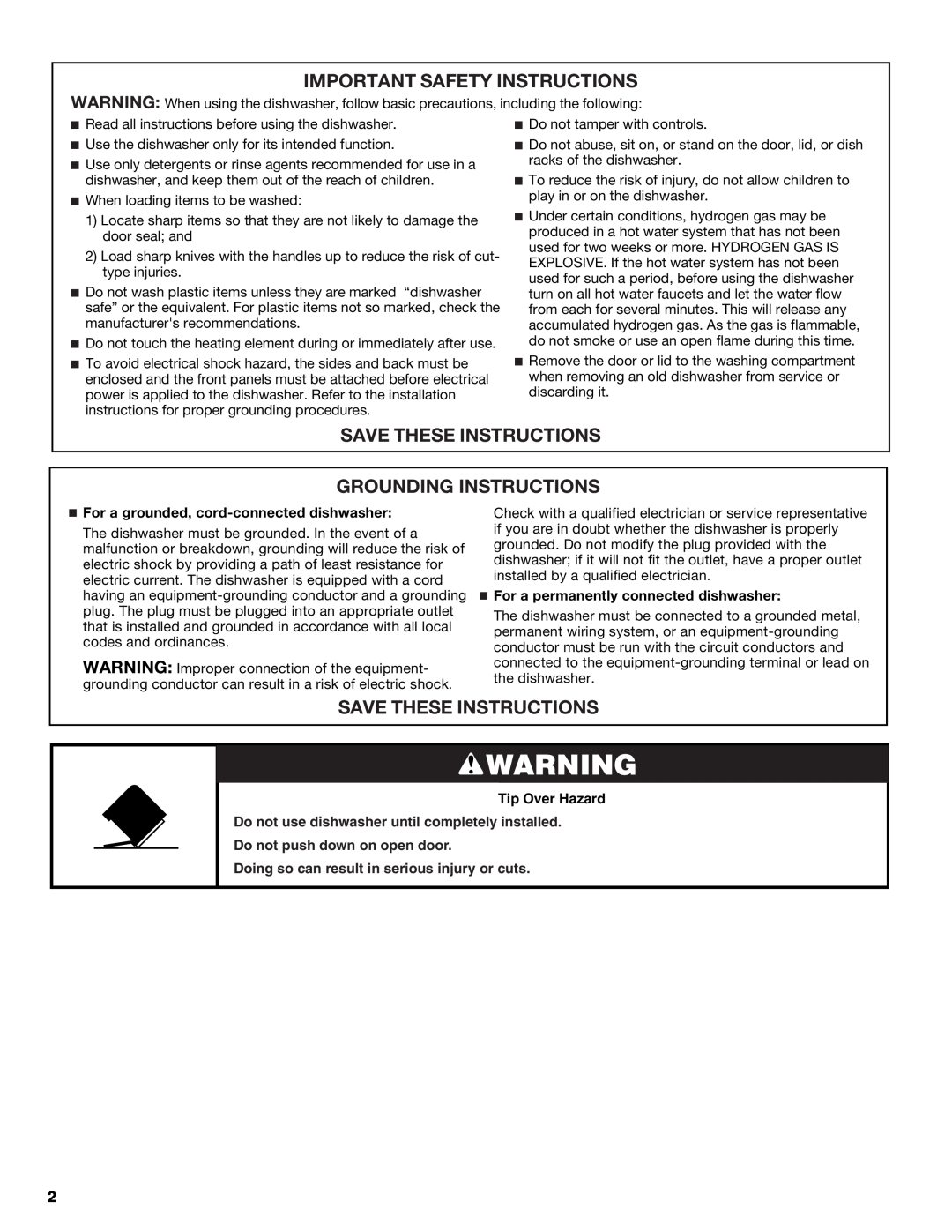 Maytag MDC4809AWW, W10240116A, W10240117A Important Safety Instructions, Save These Instructions Grounding Instructions 