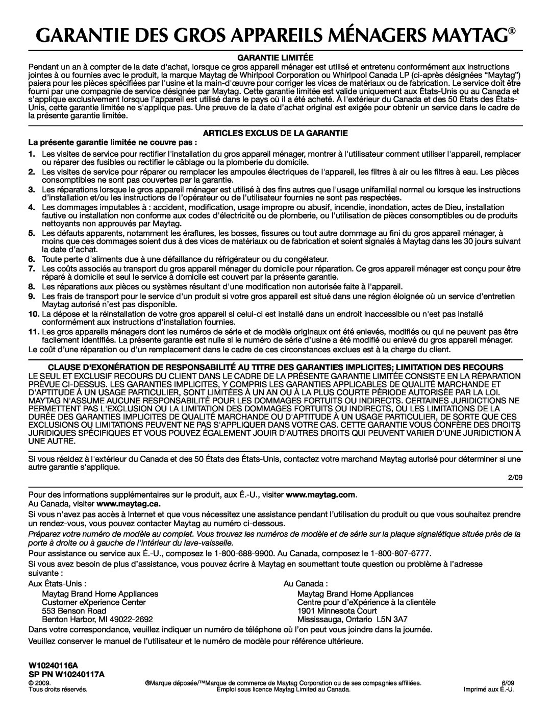 Maytag W10240116A warranty Garantie Des Gros Appareils Ménagers Maytag, Garantie Limitée, Articles Exclus De La Garantie 