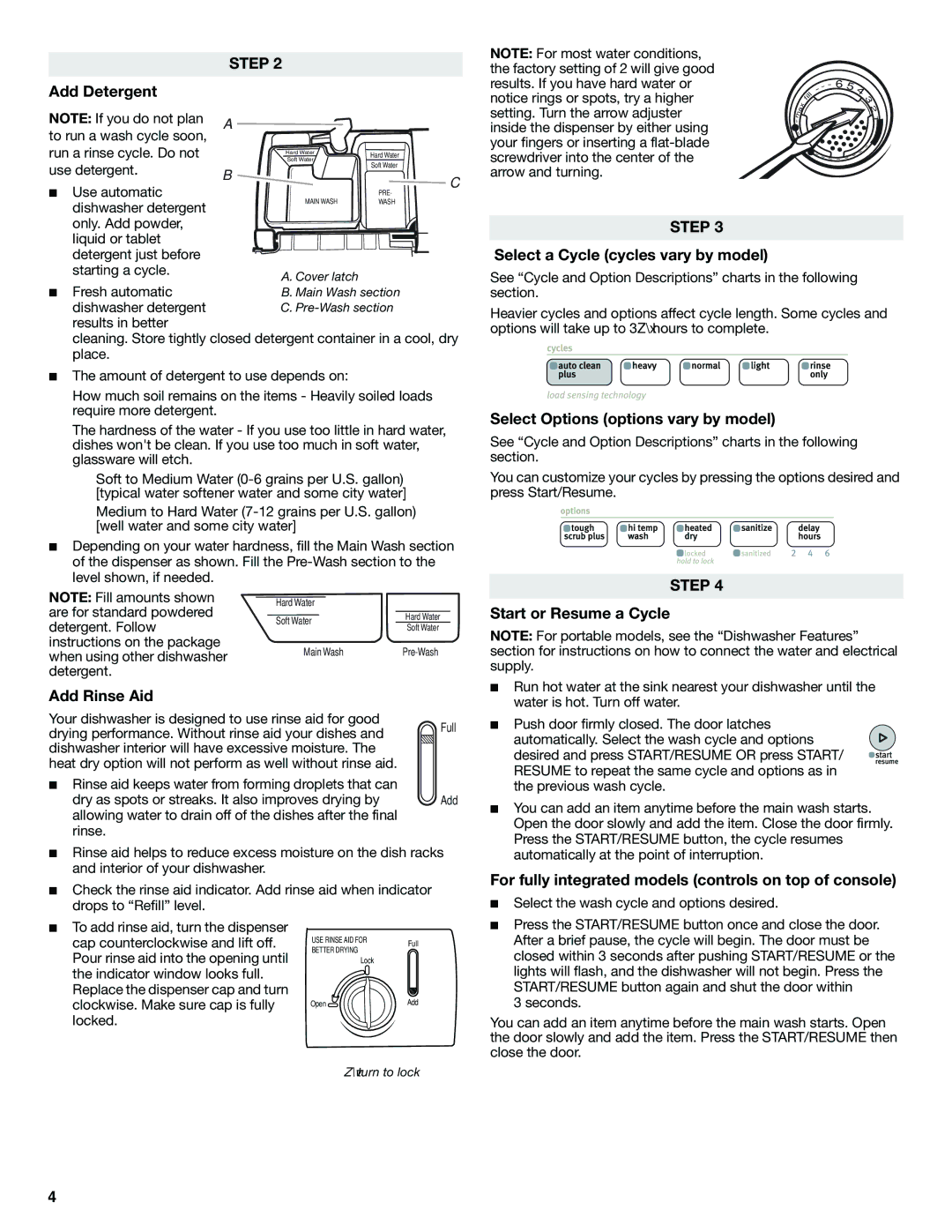 Maytag W10240116A warranty Add Rinse Aid, Select a Cycle cycles vary by model, Select Options options vary by model 