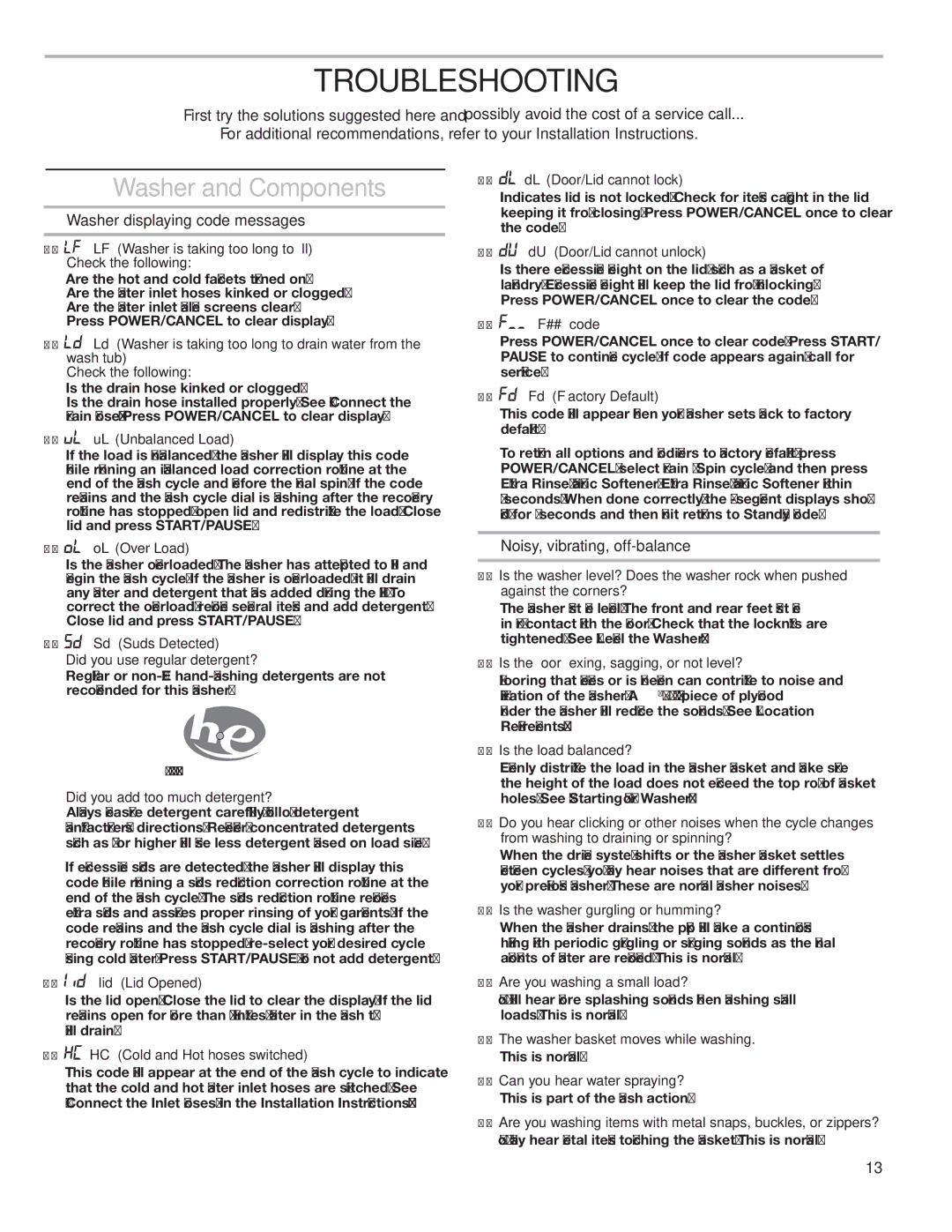 Maytag W10240444A, W10240445A-SP Washer and Components, Washer displaying code messages, Noisy, vibrating, off-balance 