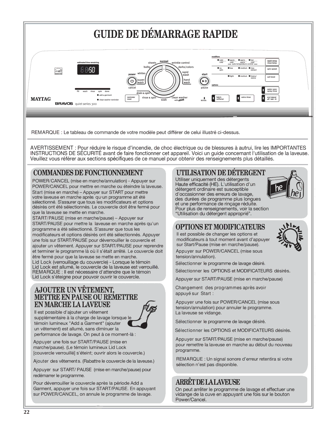 Maytag W10240445A-SP, W10240444A quick start Guide DE Démarrage Rapide Quick Start Guide 