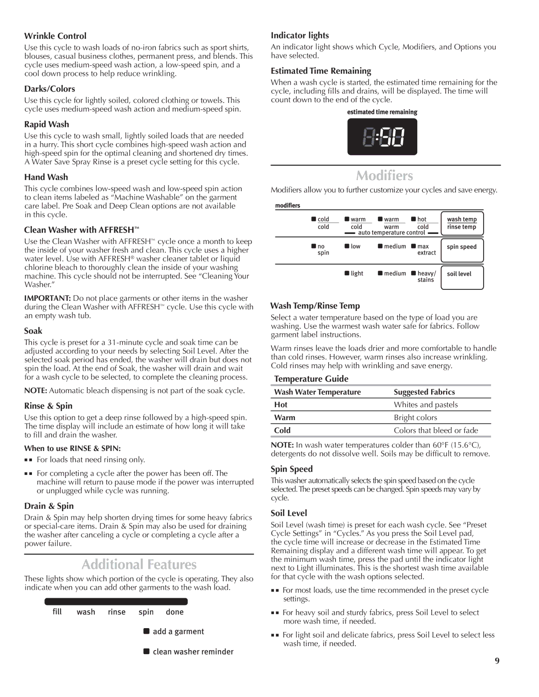 Maytag W10240444A, W10240445A-SP quick start Additional Features, Modifiers 