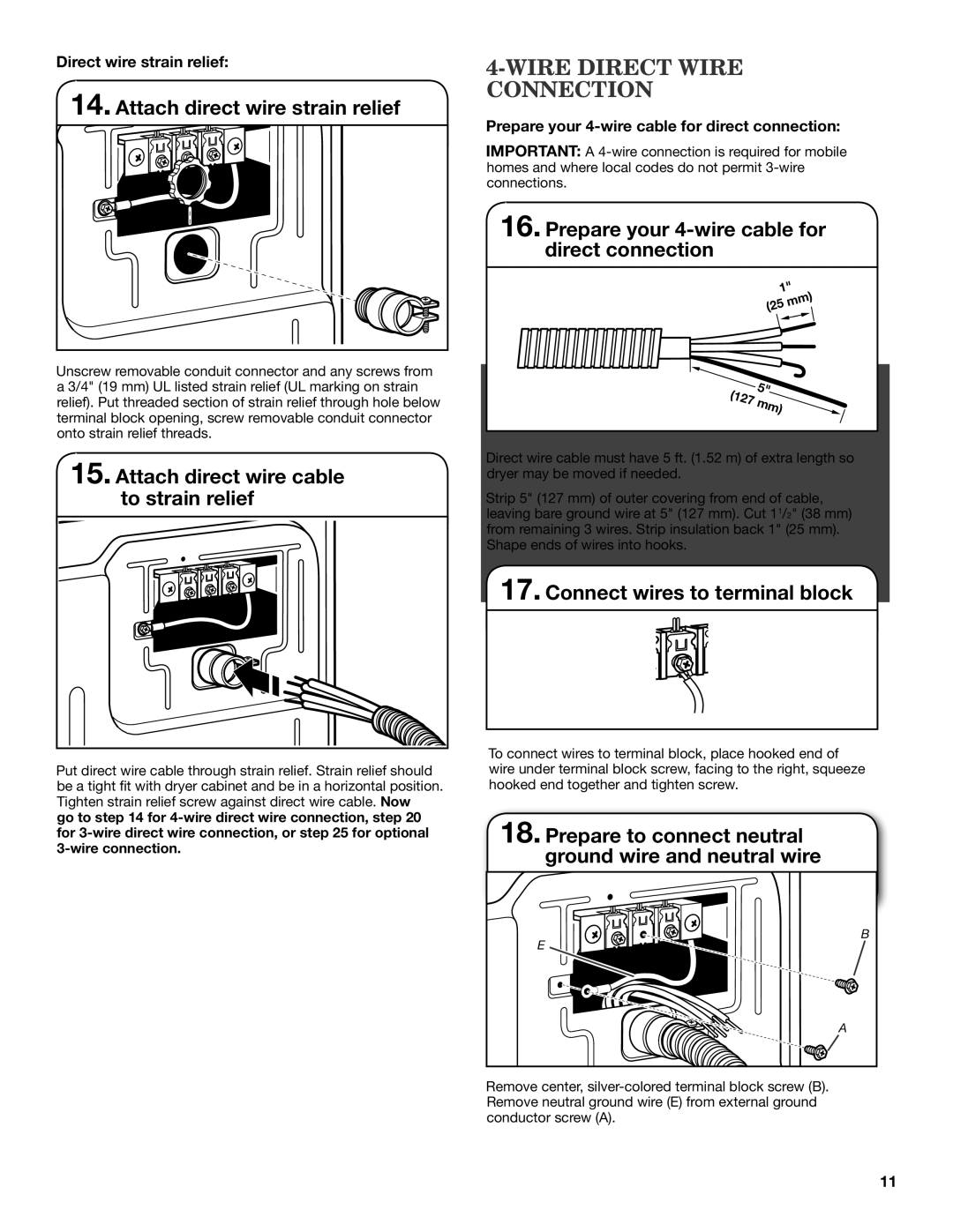 Maytag W10240583B-SP Wire Direct Wire Connection, Attach direct wire strain relief, Connect wires to terminal block 