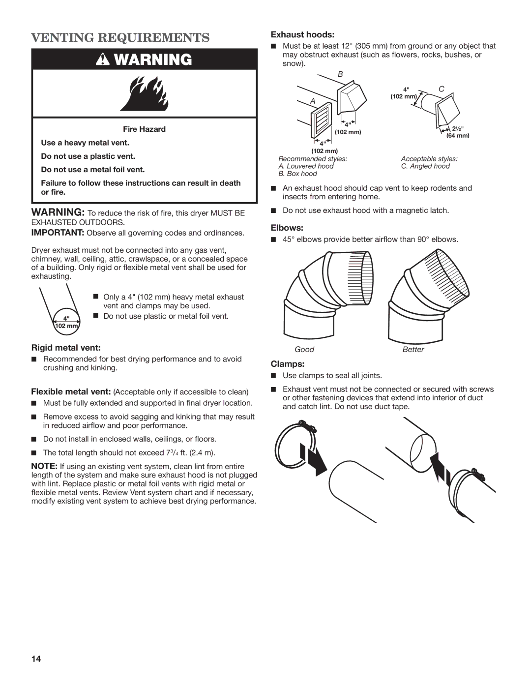 Maytag W10240579B, W10240583B-SP Venting REQUiREMENTS, Rigid metal vent, Exhaust hoods, Elbows, Clamps 