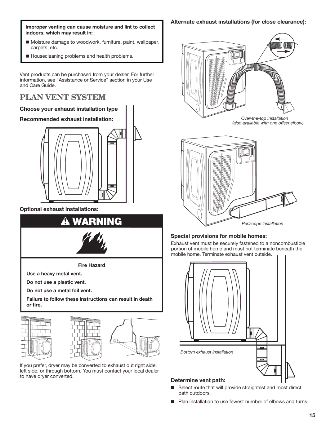 Maytag W10240583B-SP Plan Vent System, Alternate exhaust installations for close clearance, Determine vent path 