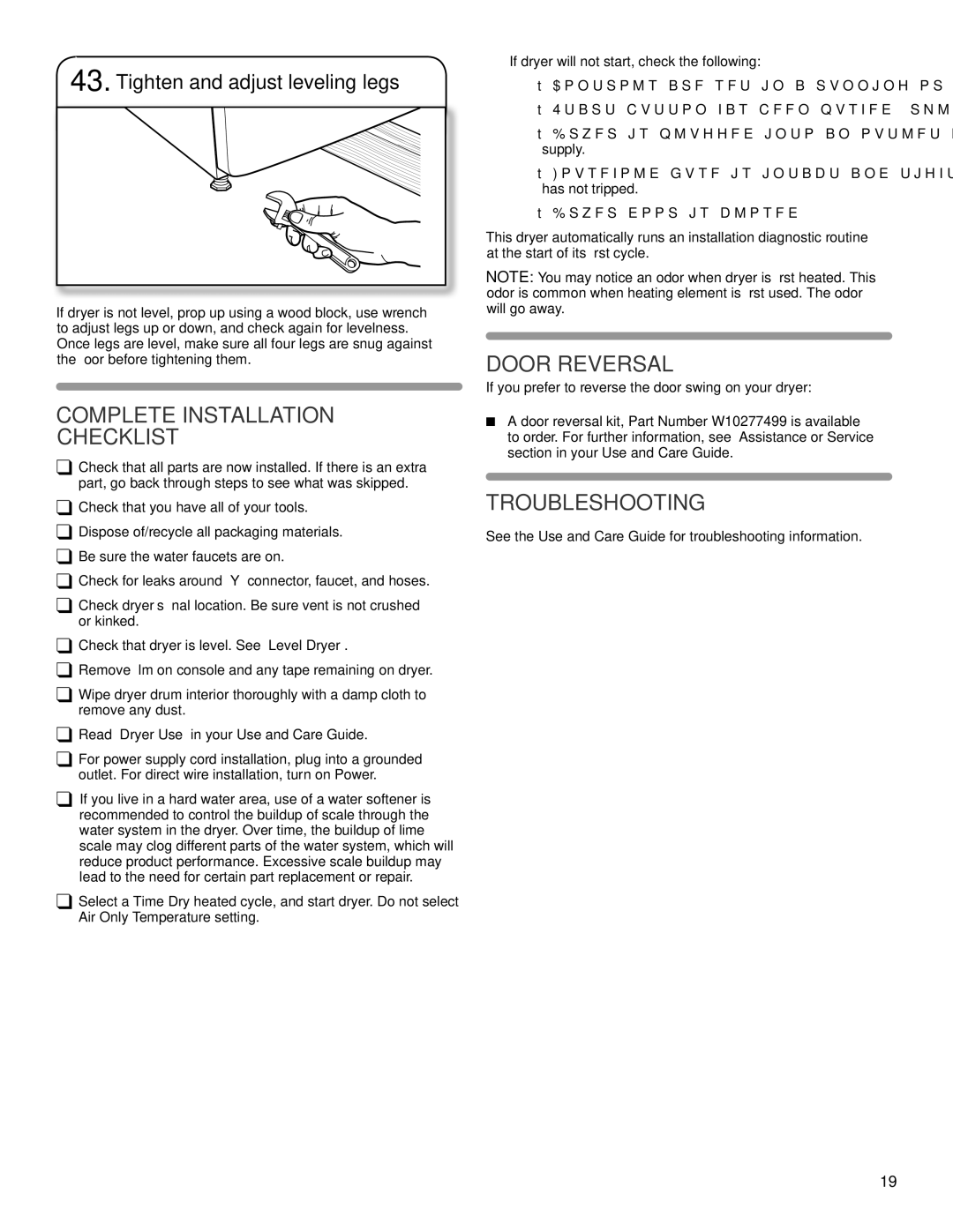 Maytag W10240583B-SP Complete Installation, Checklist, Door Reversal, Troubleshooting, Tighten and adjust leveling legs 