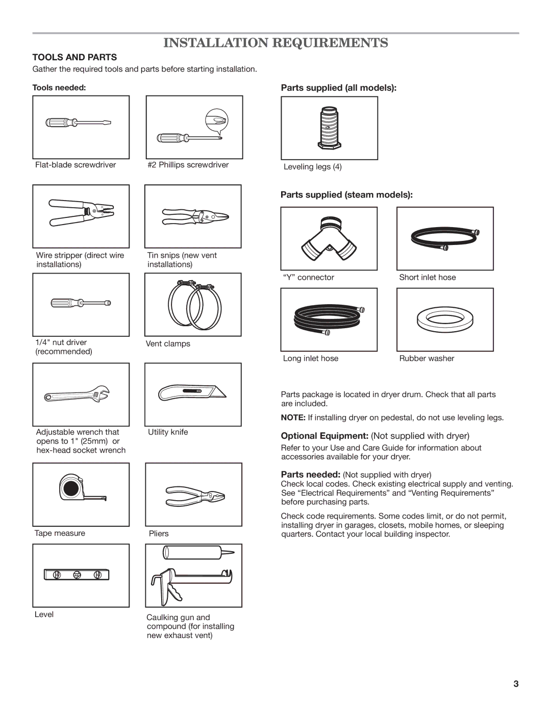 Maytag W10240583B-SP, W10240579B Installation Requirements, Parts supplied all models, Parts supplied steam models 