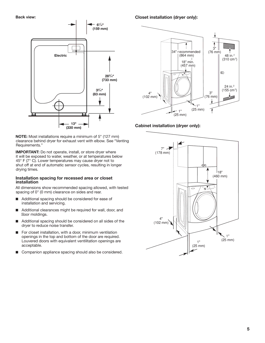 Maytag W10240583B-SP, W10240579B installation instructions Closet installation dryer only, Cabinet installation dryer only 