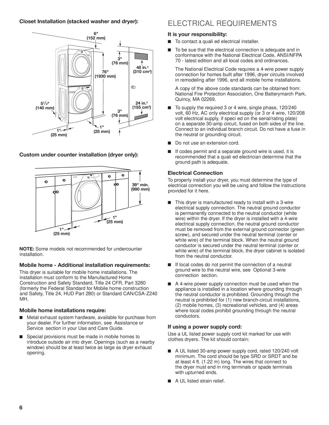 Maytag W10240579B, W10240583B-SP installation instructions Electrical Requirements 