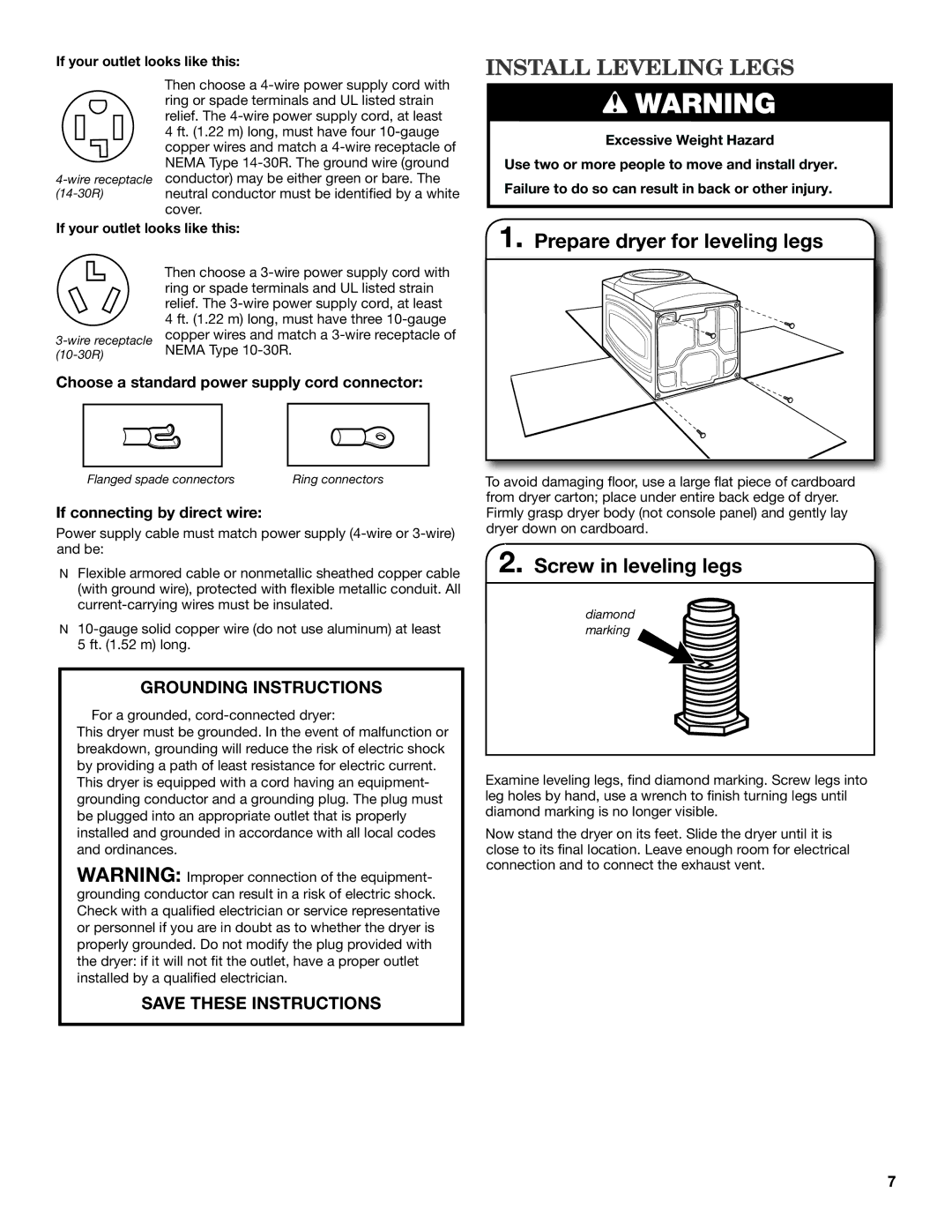 Maytag W10240583B-SP, W10240579B Install Leveling Legs, Prepare dryer for leveling legs, Screw in leveling legs 