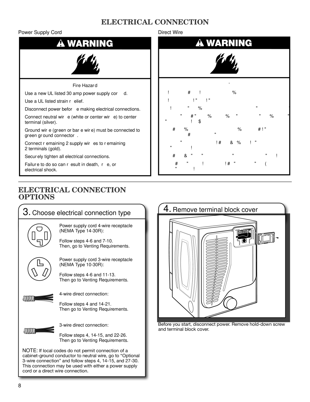 Maytag W10240579B Electrical Connection Options, Choose electrical connection type, Remove terminal block cover 