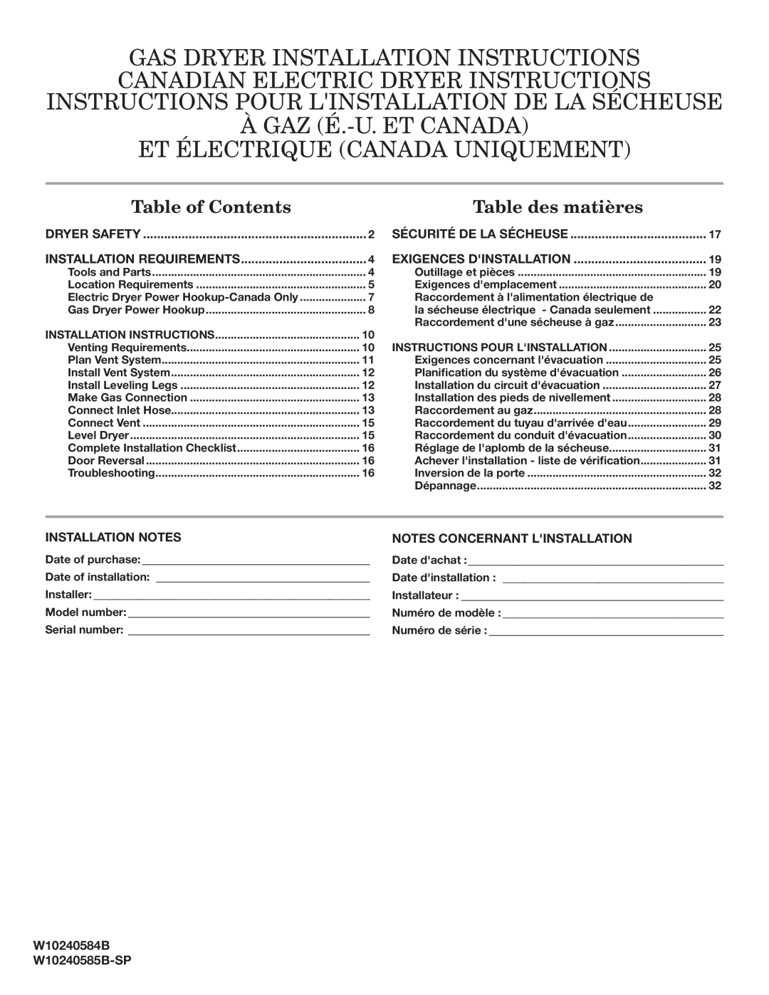 Maytag W10240585B-SP, W10240584B, MGDE200XW installation instructions Table of Contents 