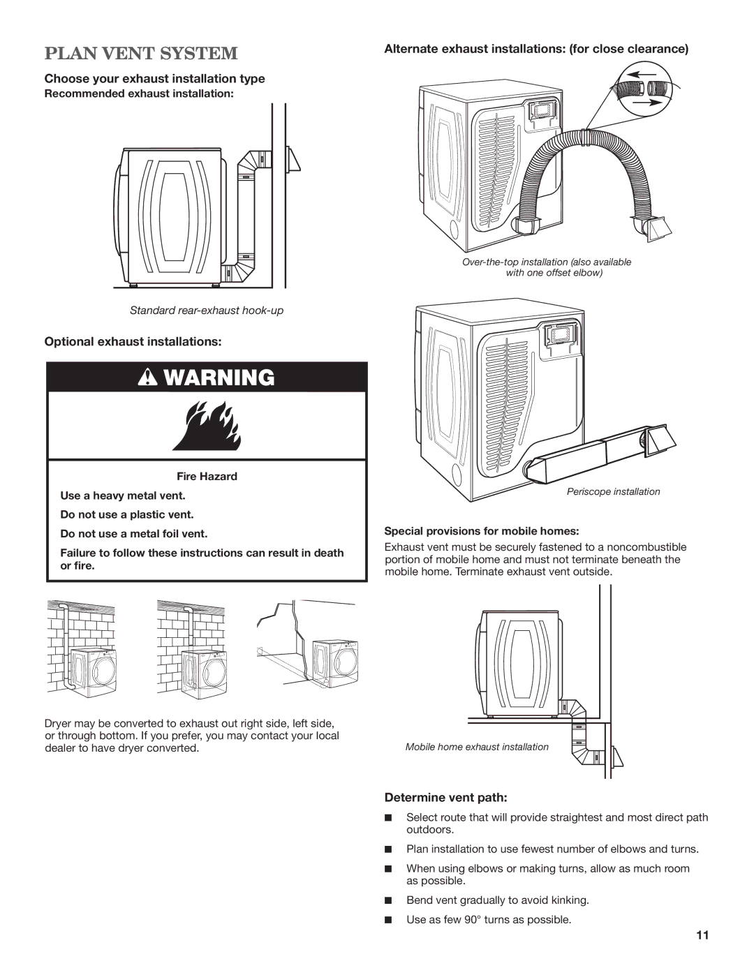 Maytag MGDE200XW Plan Vent System, Alternate exhaust installations for close clearance, Optional exhaust installations 