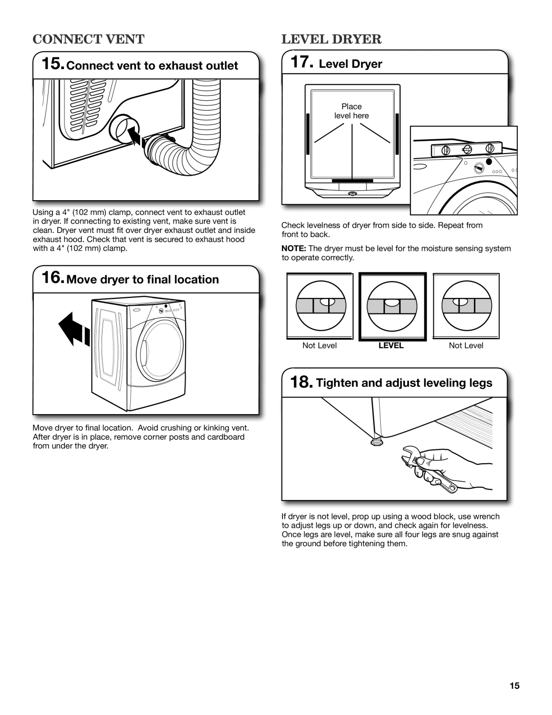 Maytag W10240584B, W10240585B-SP, MGDE200XW installation instructions Connect vent, Level dryer 