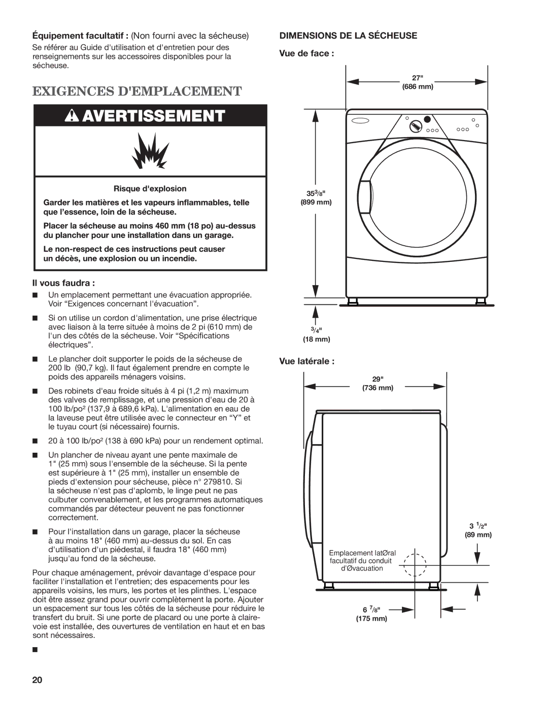 Maytag MGDE200XW, W10240584B Exigences Demplacement, Il vous faudra, Dimensions DE LA Sécheuse, Vue de face, Vue latérale 