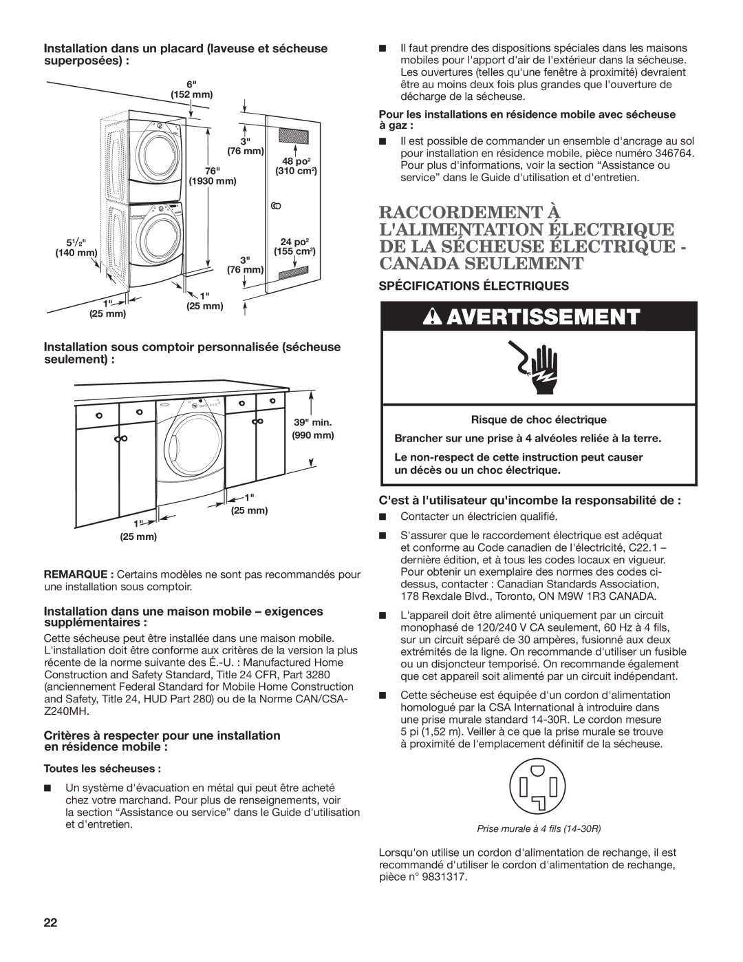 Maytag W10240585B-SP, W10240584B Spécifications Électriques, Installation sous comptoir personnalisée sécheuse seulement 