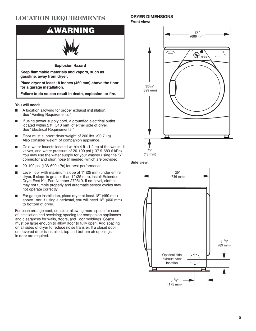 Maytag MGDE200XW, W10240584B, W10240585B-SP Location Requirements, Dryer Dimensions, You will need, Front view, Side view 