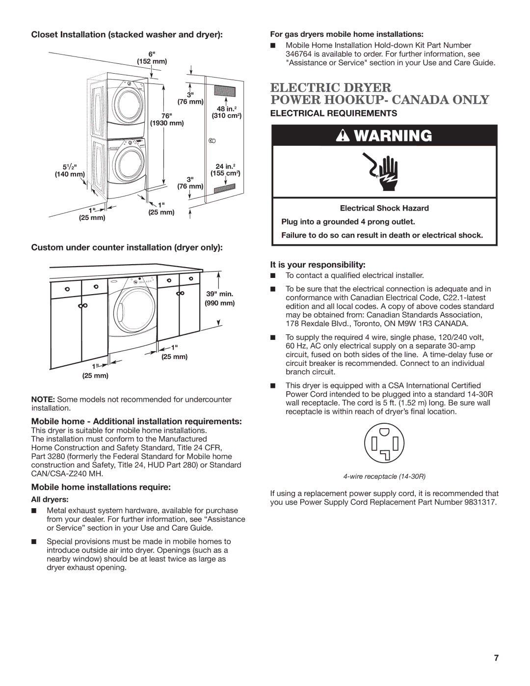 Maytag W10240585B-SP, W10240584B, MGDE200XW Electric Dryer Power HOOKUP- Canada only, Electrical Requirements 