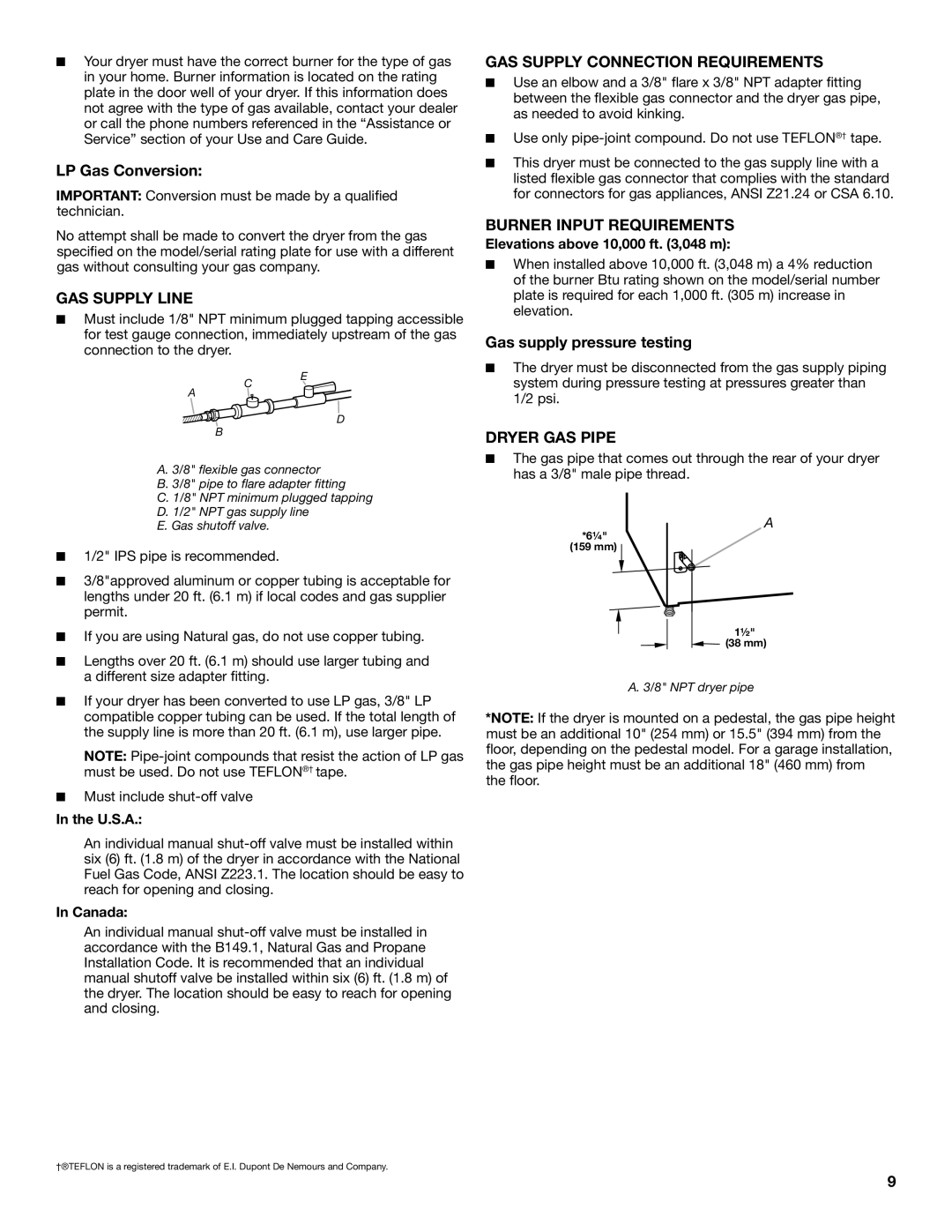 Maytag W10240584B GAS Supply Line, GAS Supply Connection Requirements, Burner Input Requirements, Dryer GAS Pipe 