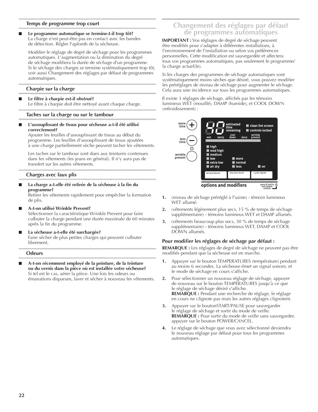 Maytag W10240878A quick start Temps de programme trap court, Charges avec faux pfis, Options and modifiers o/ooo 