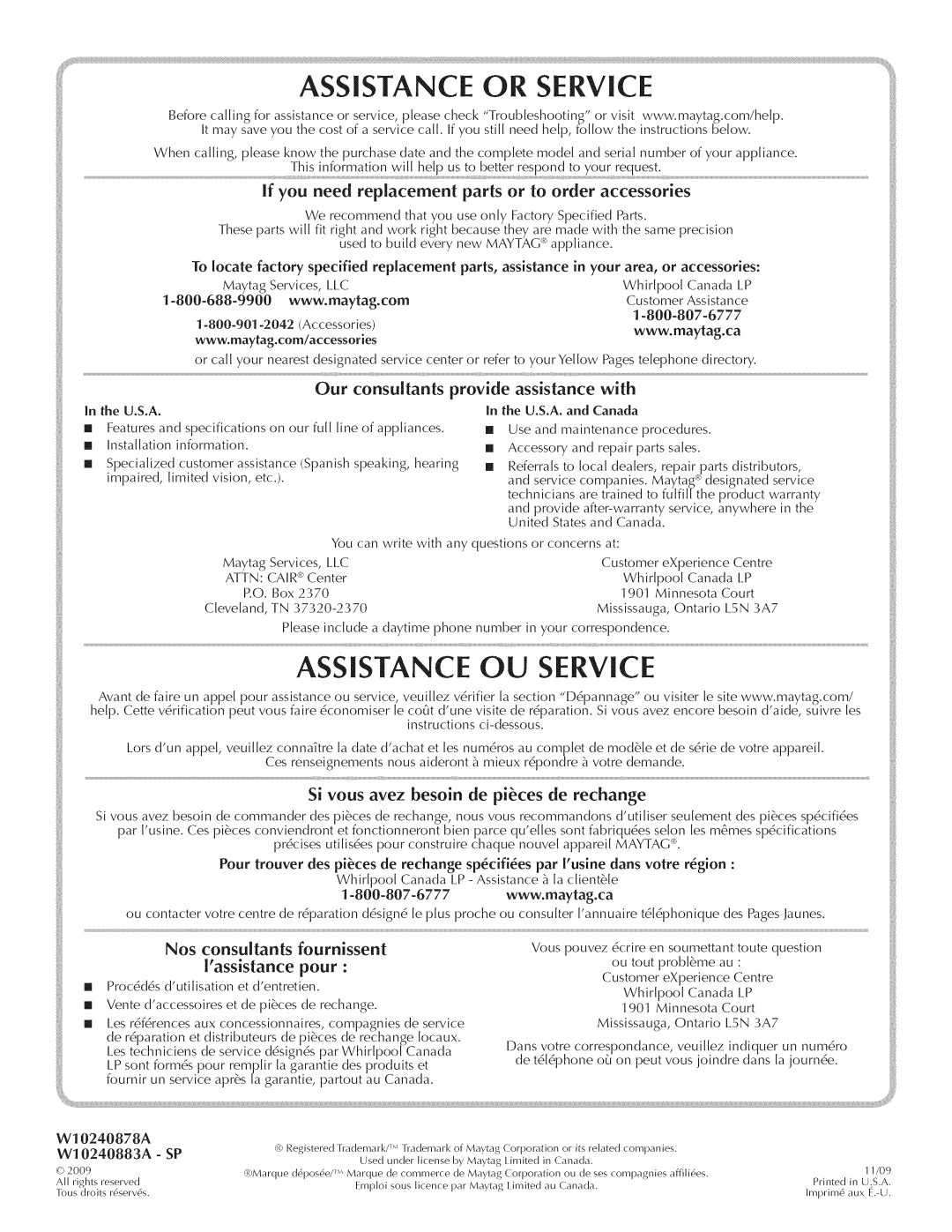 Maytag W10240878A quick start Assistance Or Service, Assistance Service 