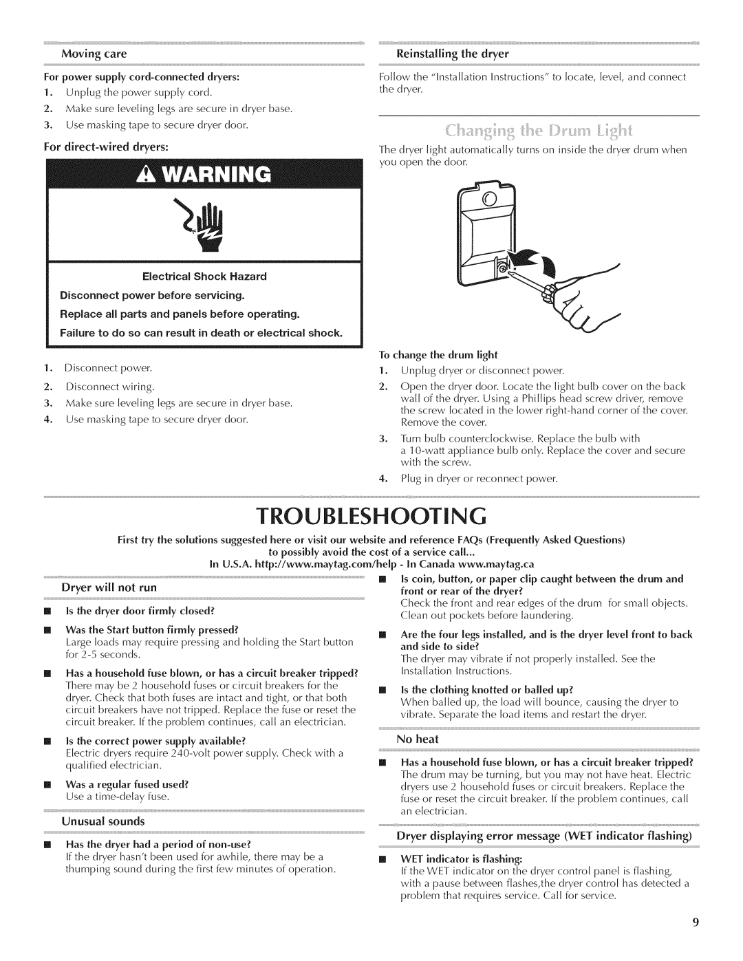 Maytag W10240878A quick start Troubleshooting, GeinstaEng Dryer, Electrical Shock Hazard, Wet 