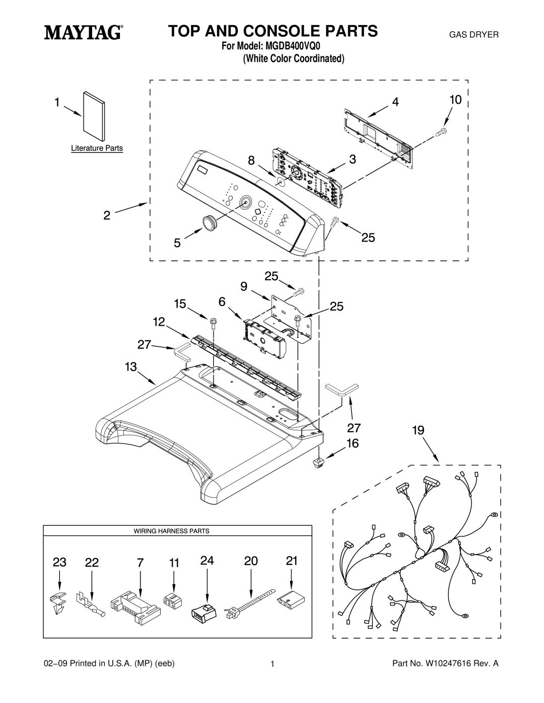 Maytag MGDB400VQ0, W10247616 manual TOP and Console Parts 