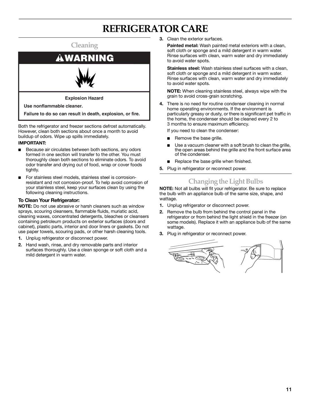 Maytag W10249207A, W10249206A Refrigerator Care, Cleaning, Changing the Light Bulbs, To Clean Your Refrigerator 