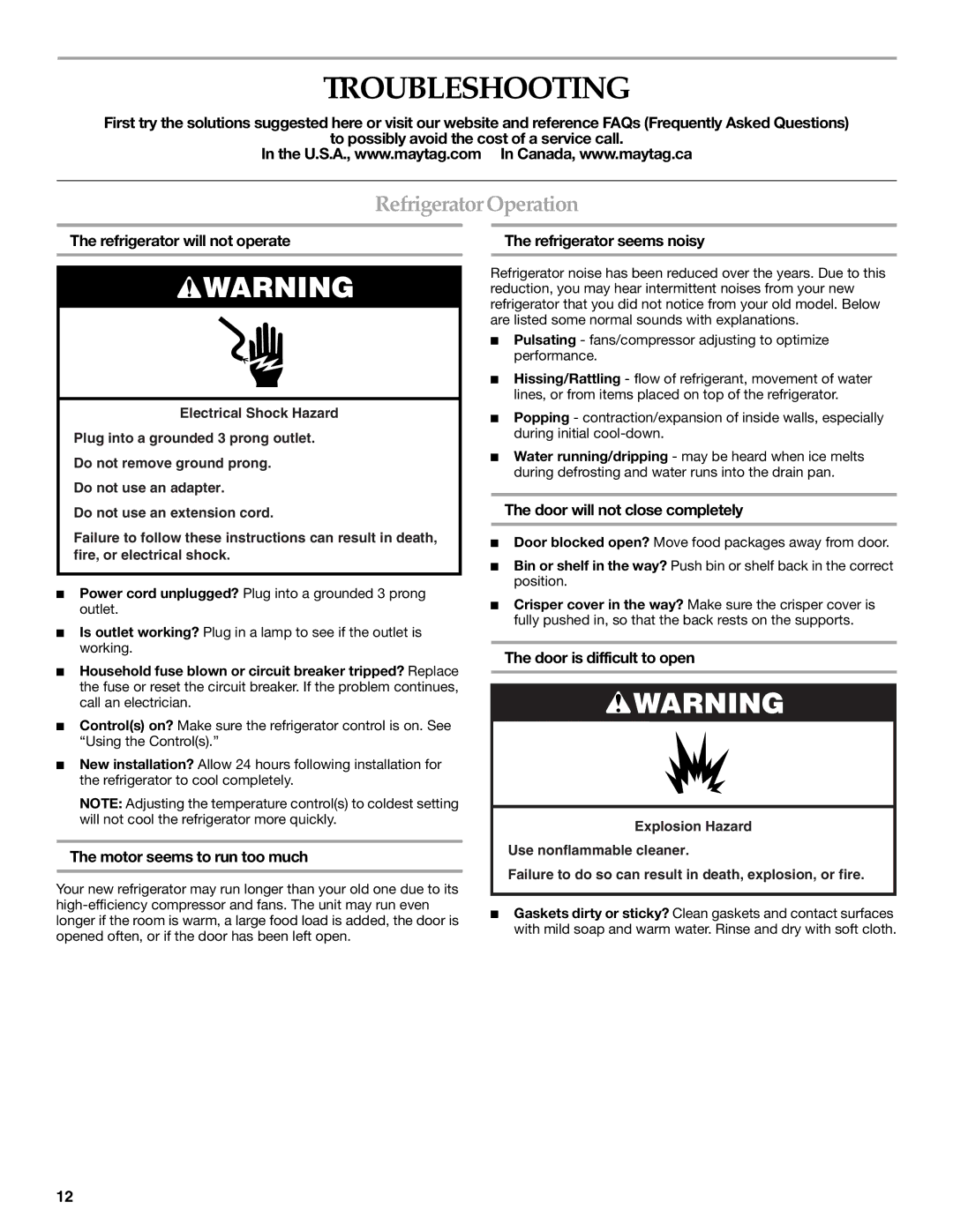 Maytag W10249206A, W10249207A installation instructions Troubleshooting, Refrigerator Operation 