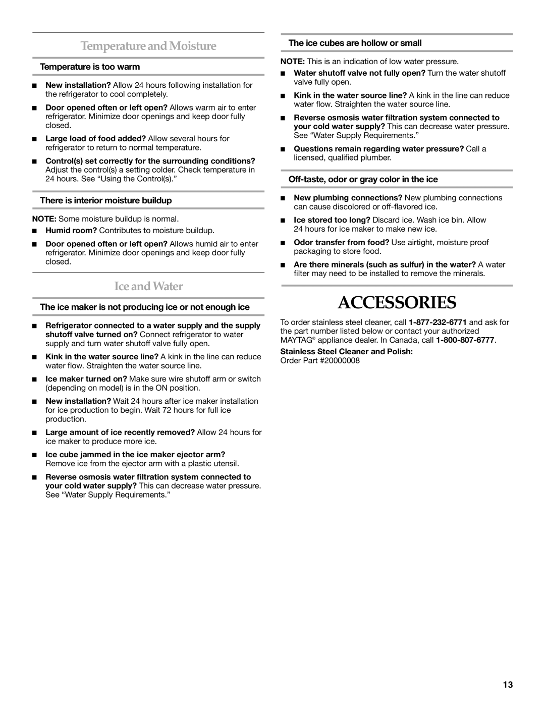 Maytag W10249207A, W10249206A installation instructions Accessories, Temperature and Moisture, Ice and Water 