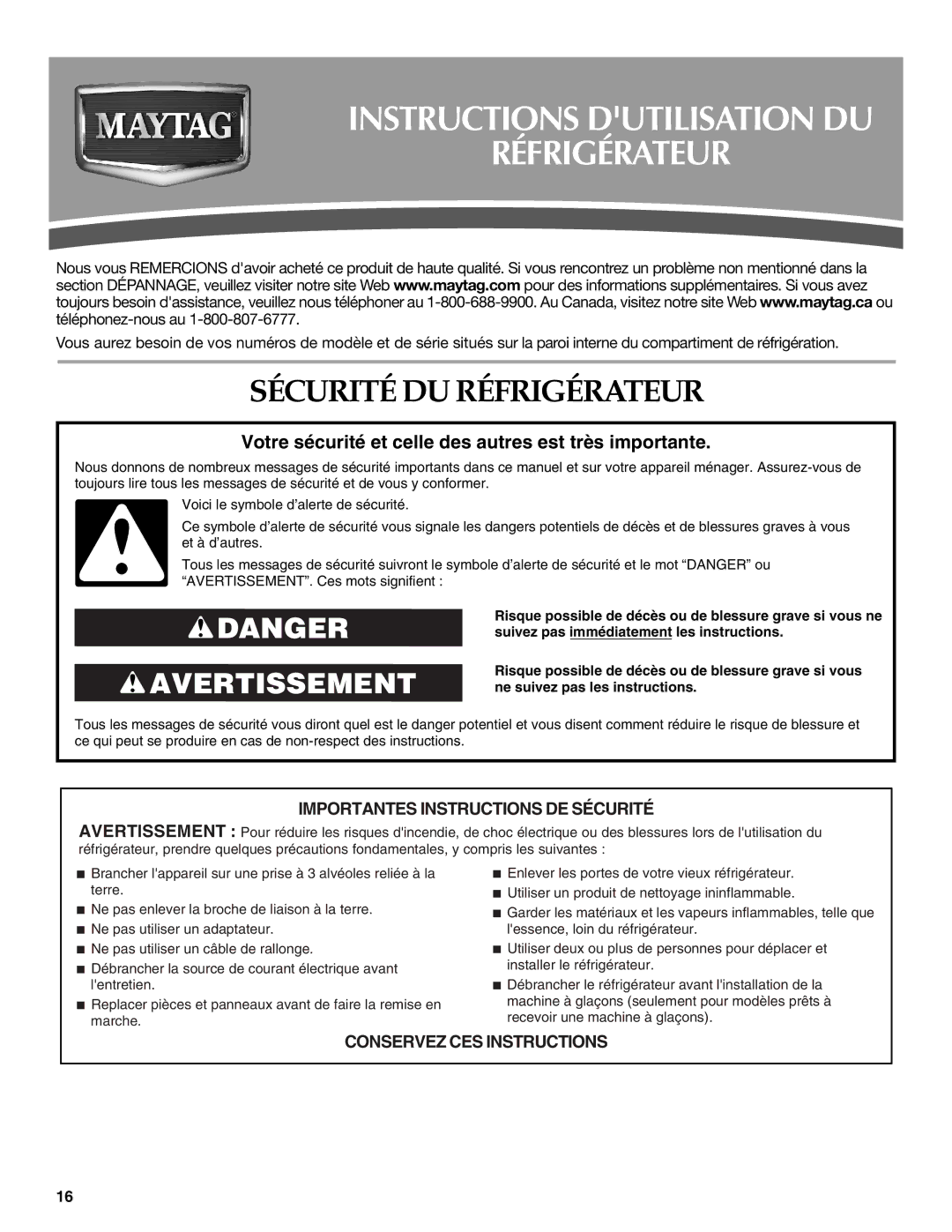 Maytag W10249206A, W10249207A Instructions Dutilisation DU Réfrigérateur, Sécurité DU Réfrigérateur 