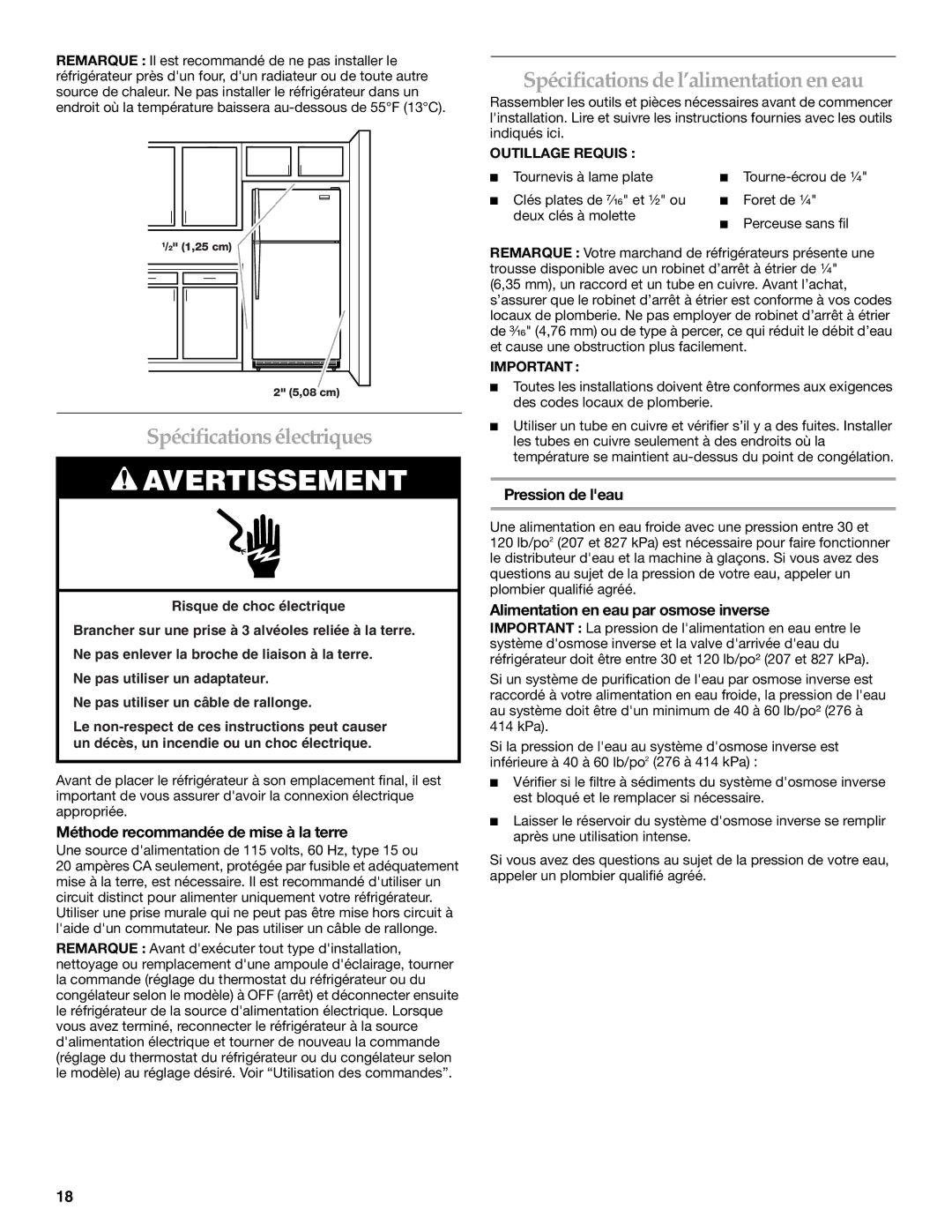 Maytag W10249206A, W10249207A Spécifications électriques, Spécifications de l’alimentation en eau, Pression de leau 