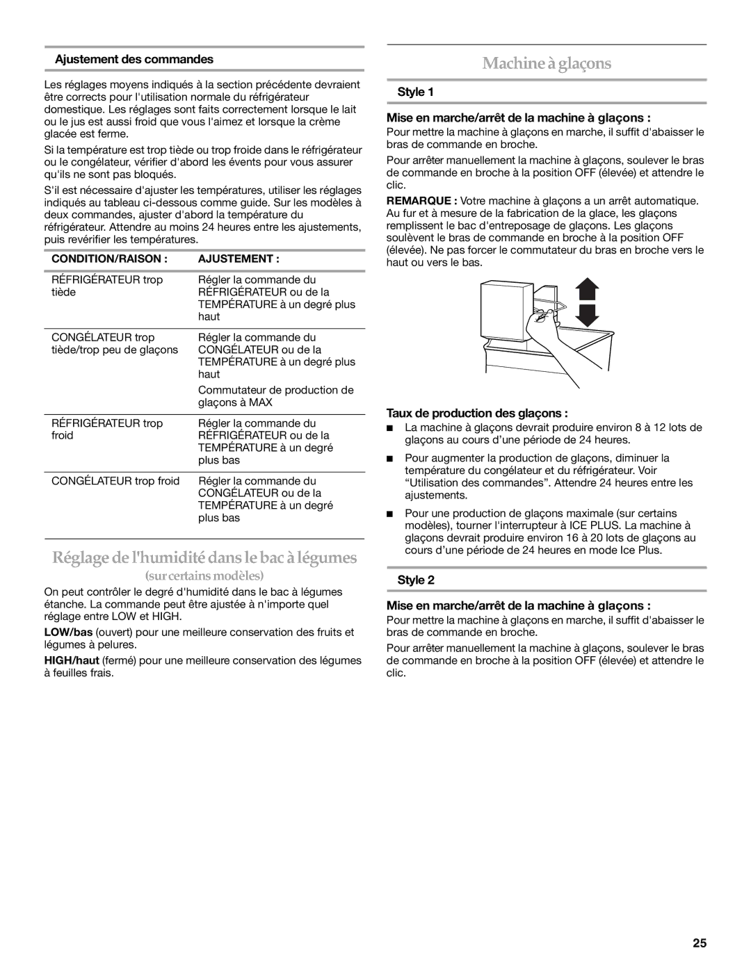 Maytag W10249207A, W10249206A Réglage de lhumidité dans le bac à légumes, Machine à glaçons, Ajustement des commandes 